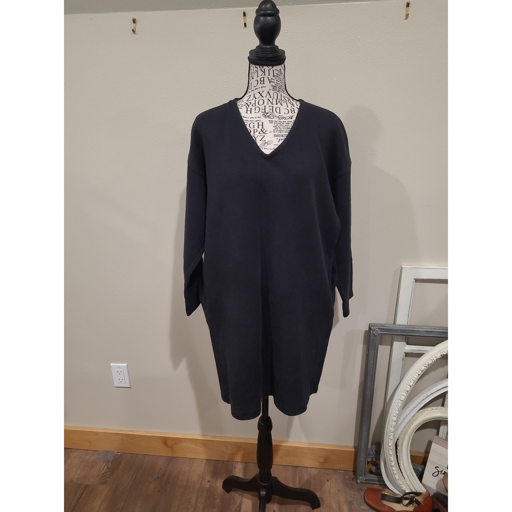 Uniqlo Women SZ L Black V-Neck 3/4 Sleeve Sweater Dress w/pockets minalmalis